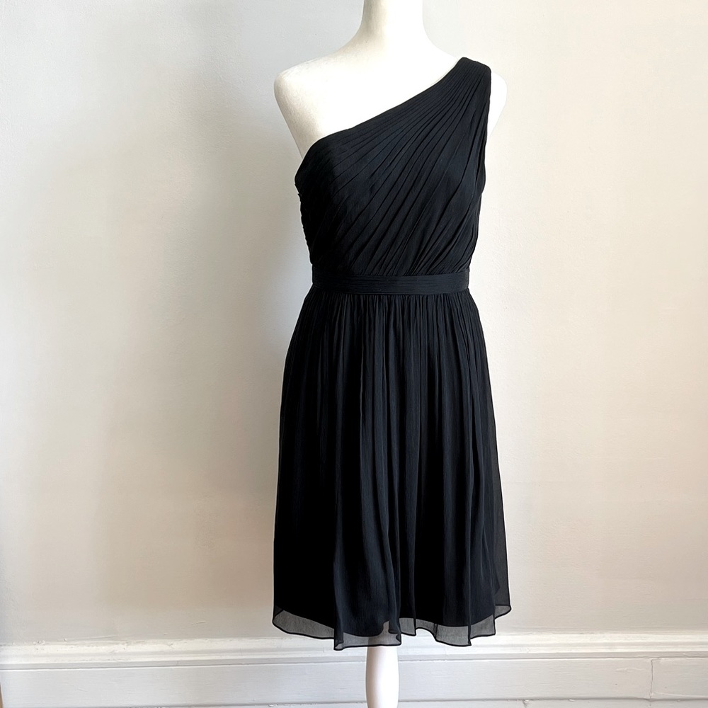 J Crew Kylie Black one shoulder silk chiffon cocktail dress.  Size 2.